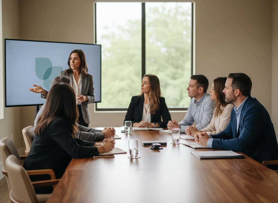 Group attending an educational seminar in a modern conference room