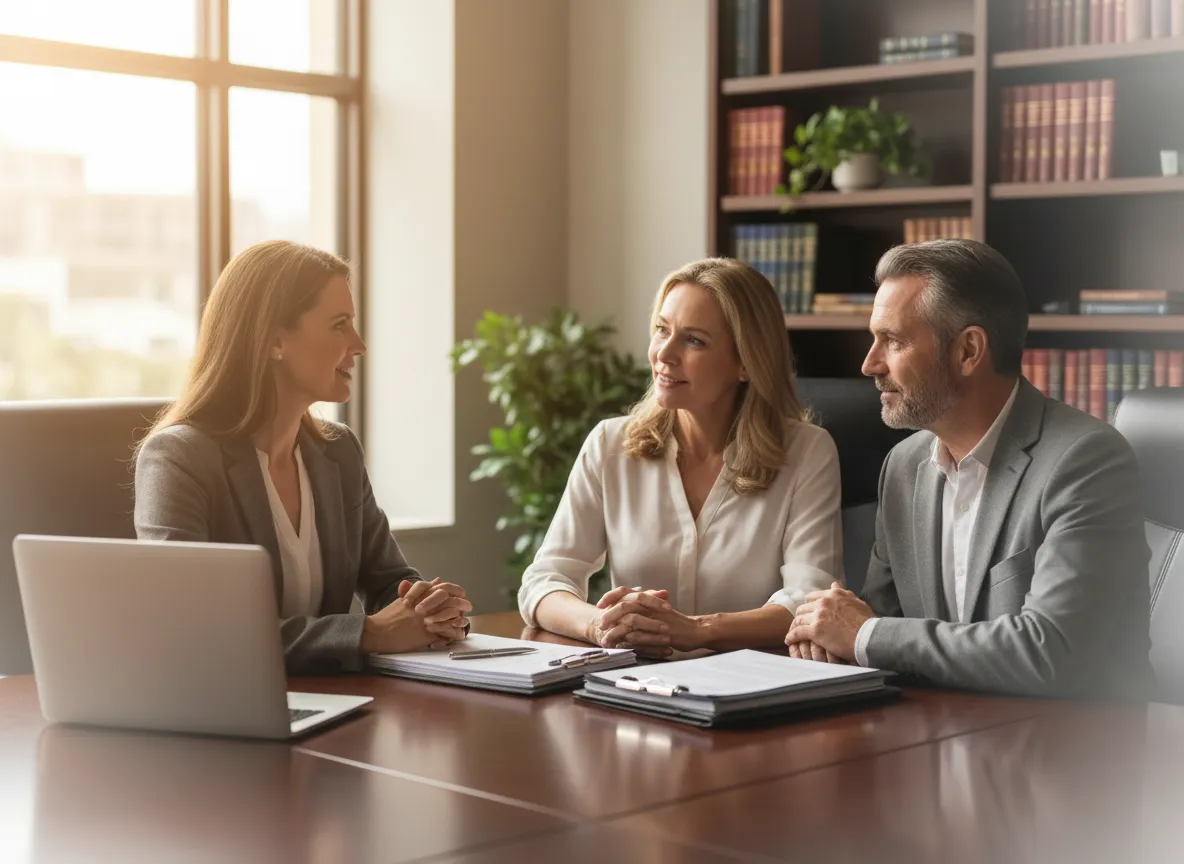 Attorney explaining estate planning documents to clients at a table
