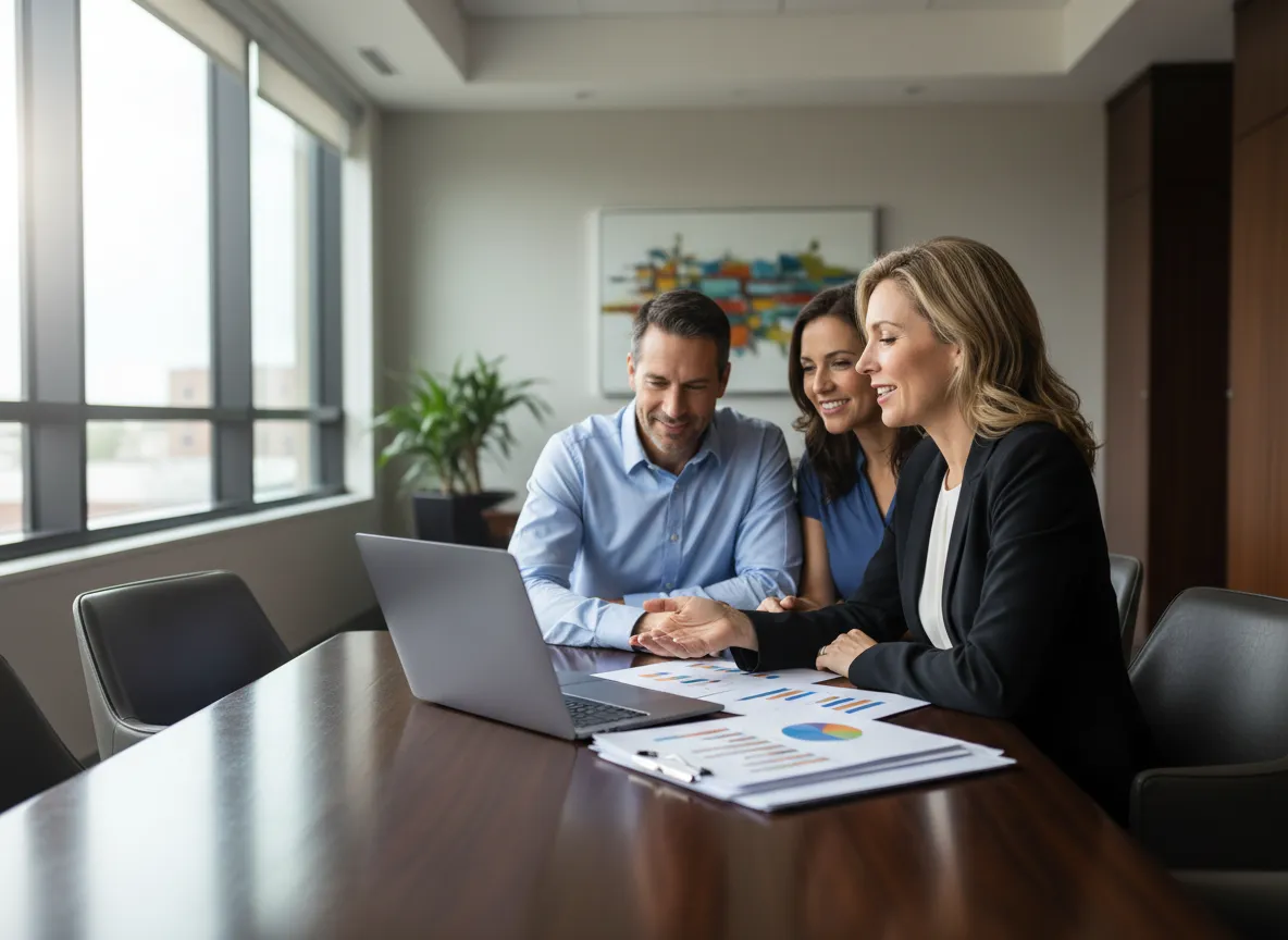 Professional financial advisor reviewing investment portfolio with clients in modern office.