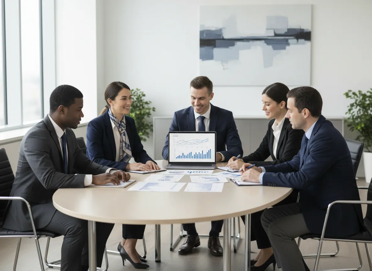 Professional financial advisors reviewing reports in a modern conference room