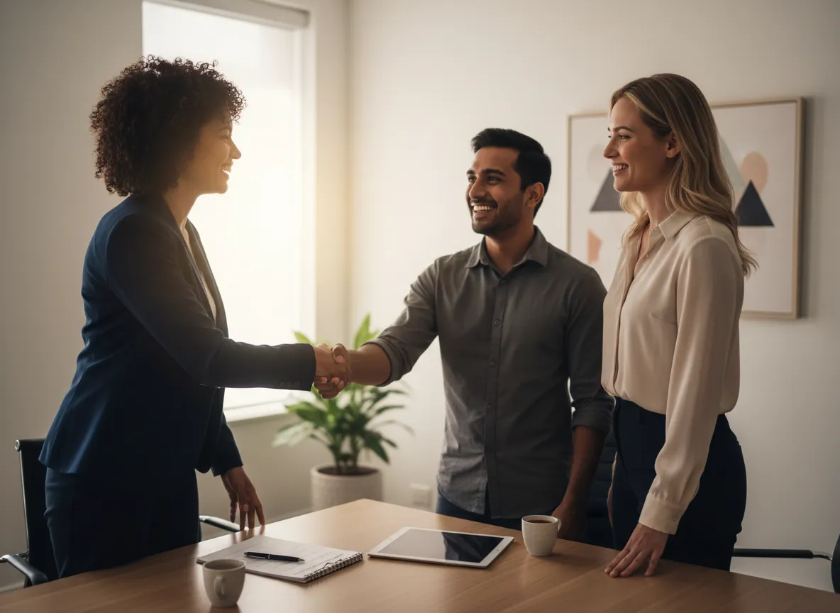 Financial advisor welcoming new clients and reviewing onboarding checklist.