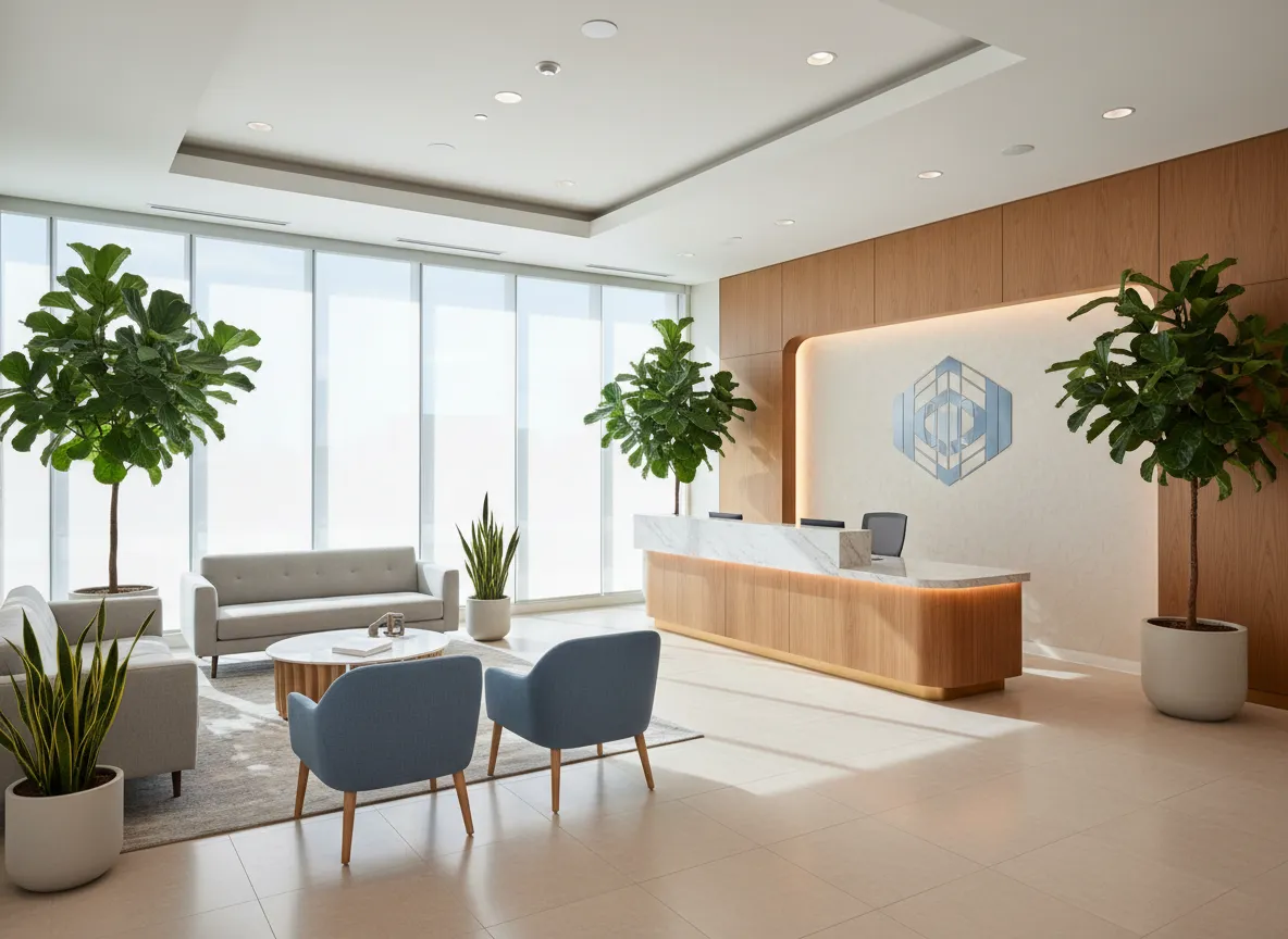 Modern accounting firm office lobby with reception and seating area