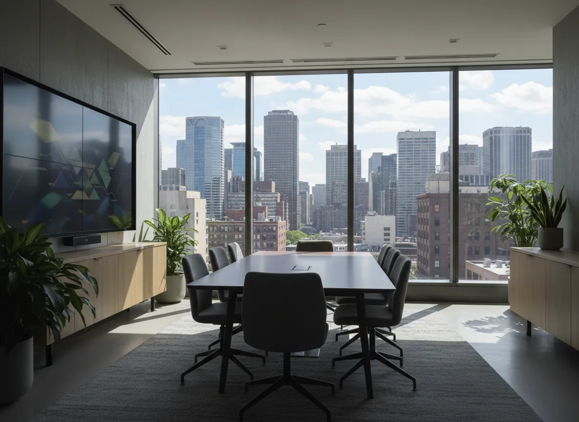 Modern financial advisory office with large windows, conference table, and city views.