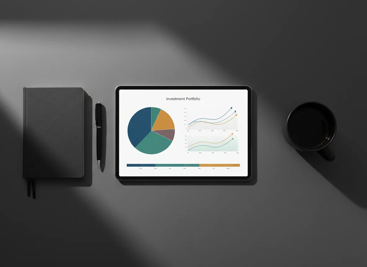 Diversified investment portfolio visualization with asset allocation pie charts and graphs.