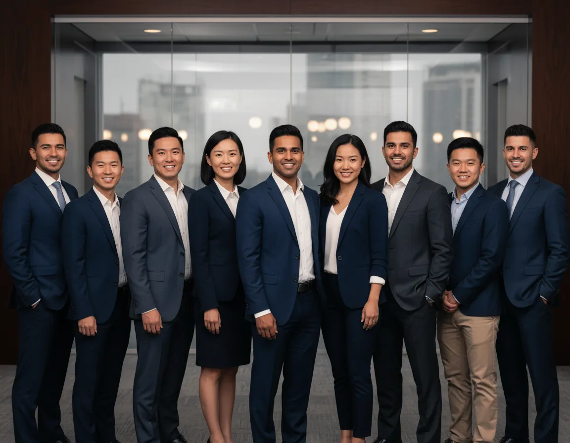 Group photo of professional financial advisors standing together in an office setting.