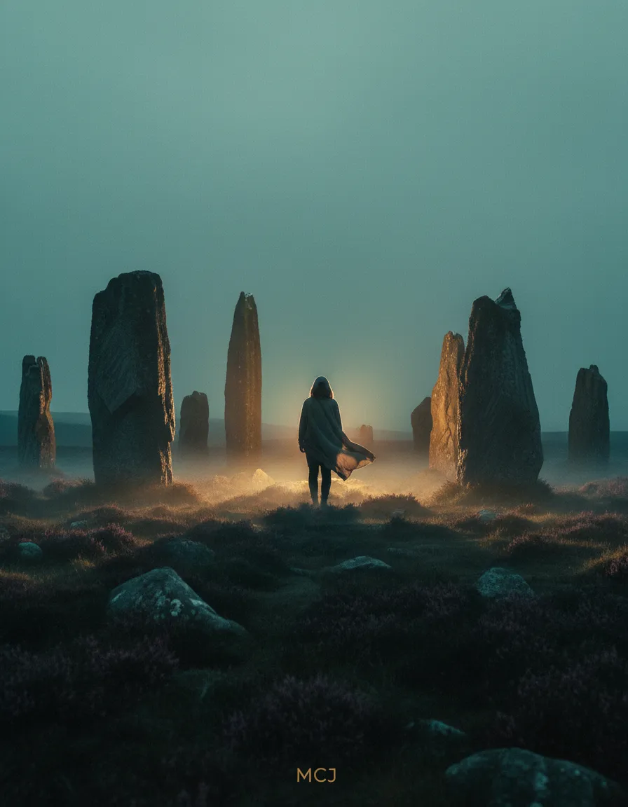 MCJ standing reflectively in the Scottish landscape, cinematic and moody.