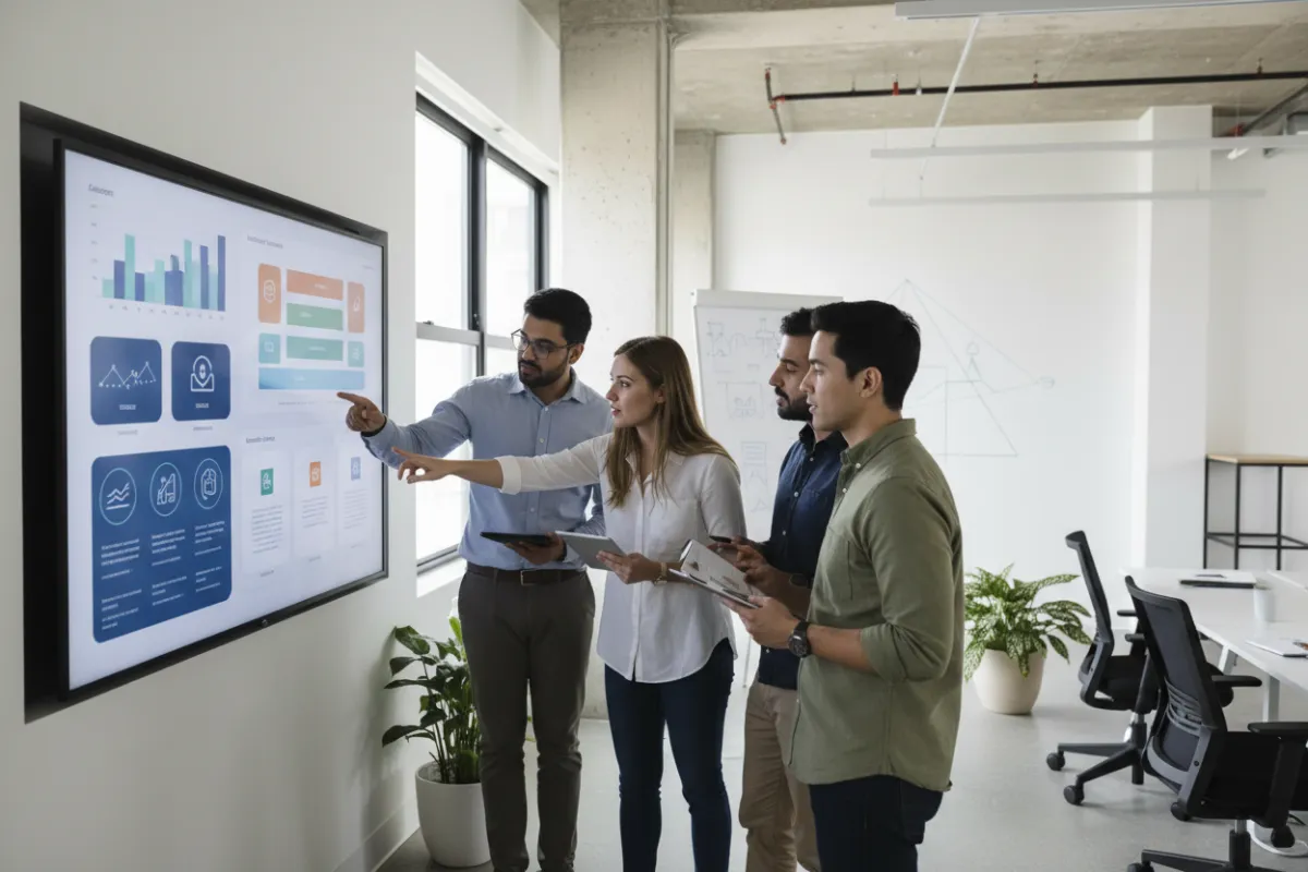 A SaaS agency team in a modern office, gathered around a large screen displaying analytics and course modules. The team is diverse, focused, and engaged in a collaborative strategy session.
