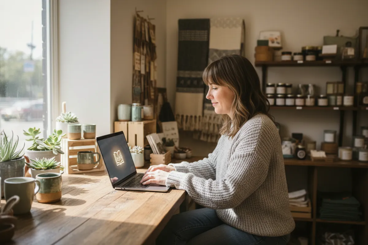 A small business owner in a cozy retail shop, using a laptop to enroll in an online course. The shop is filled with unique products, and natural light streams through the window, creating a warm, inviting atmosphere.