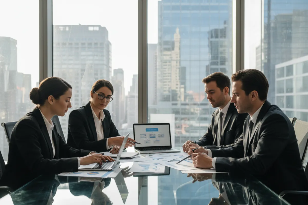 A group of professionals in business attire collaborating around a table with documents and laptops