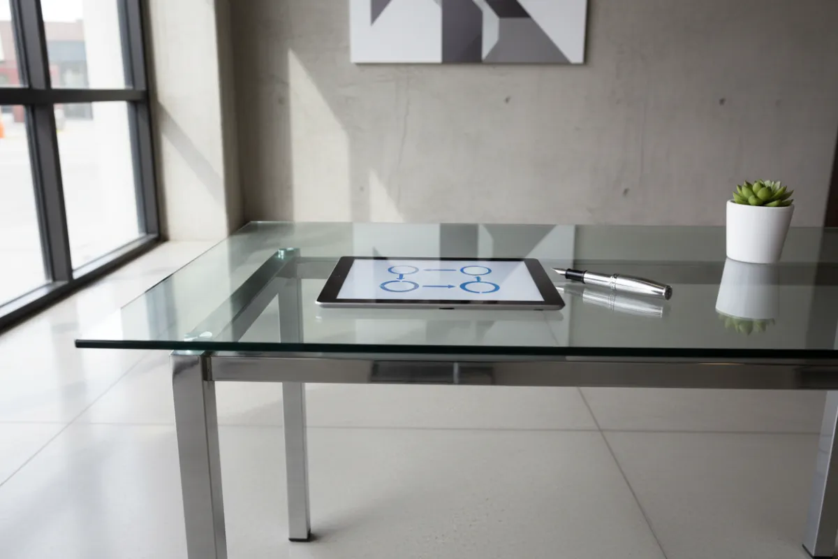 A sleek, minimalist workspace with a glass table, a digital tablet displaying a cash-flow diagram, and a luxury pen. Soft daylight streams in, highlighting the clean lines and modern decor. The setting conveys innovation and a break from traditional financial offices, appealing to forward-thinking high earners.