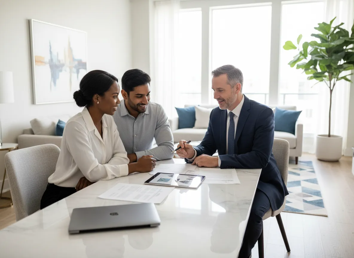 Confident home buyers reviewing mortgage options with a professional advisor