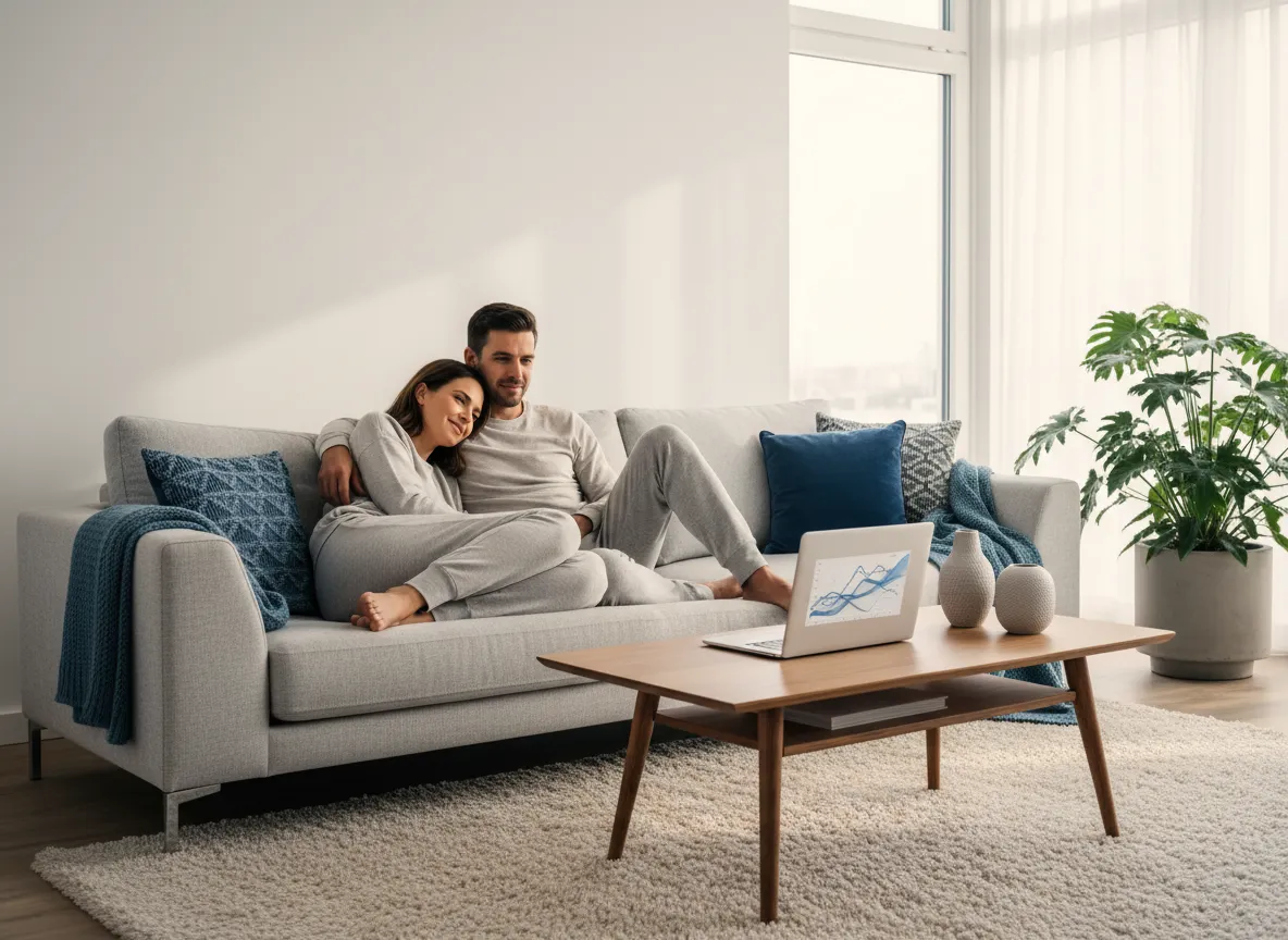 Modern couple reviewing mortgage strategy on laptop at home