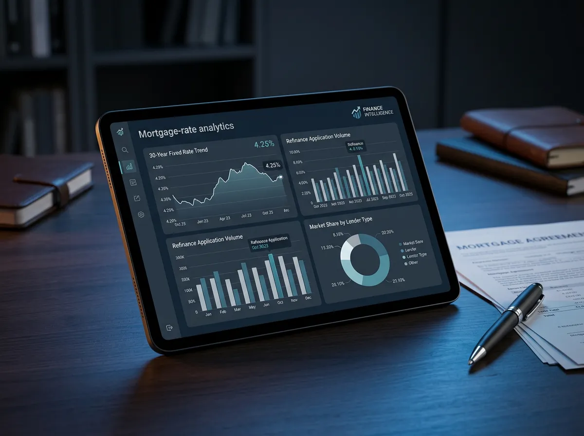 Close up of mortgage rate analytics and finance intelligence charts on a tablet screen