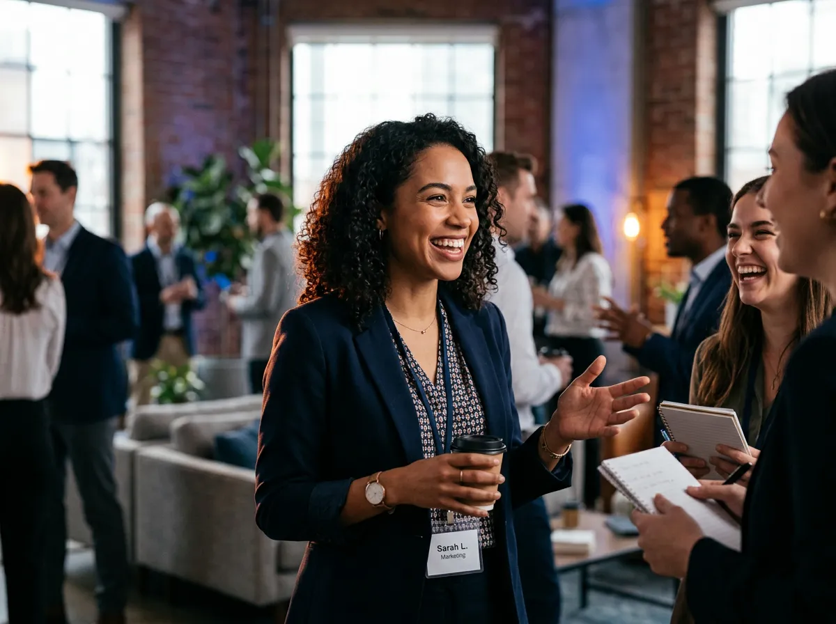 Young professional collaborating and networking enthusiastically in a modern professional setting