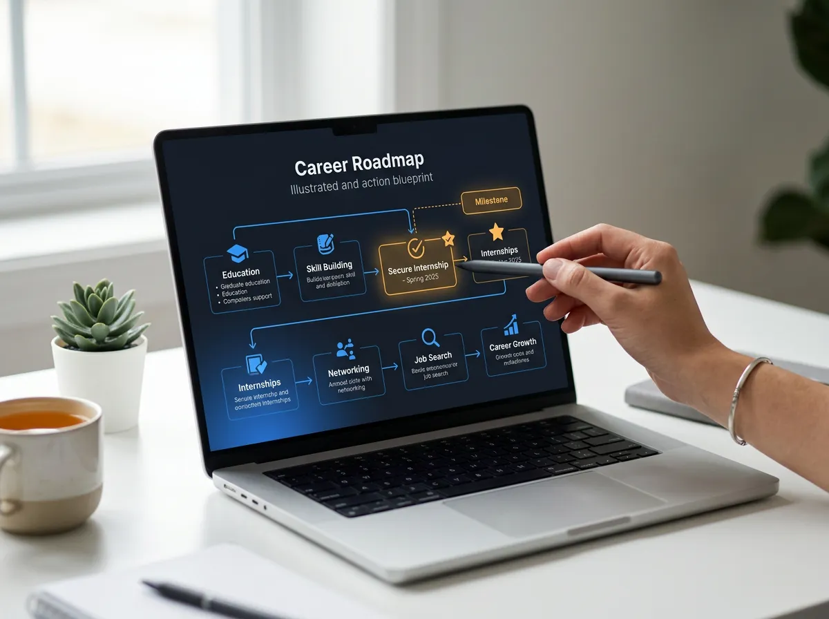 Modern laptop displaying a structured real estate career roadmap and action blueprint on a clean desk