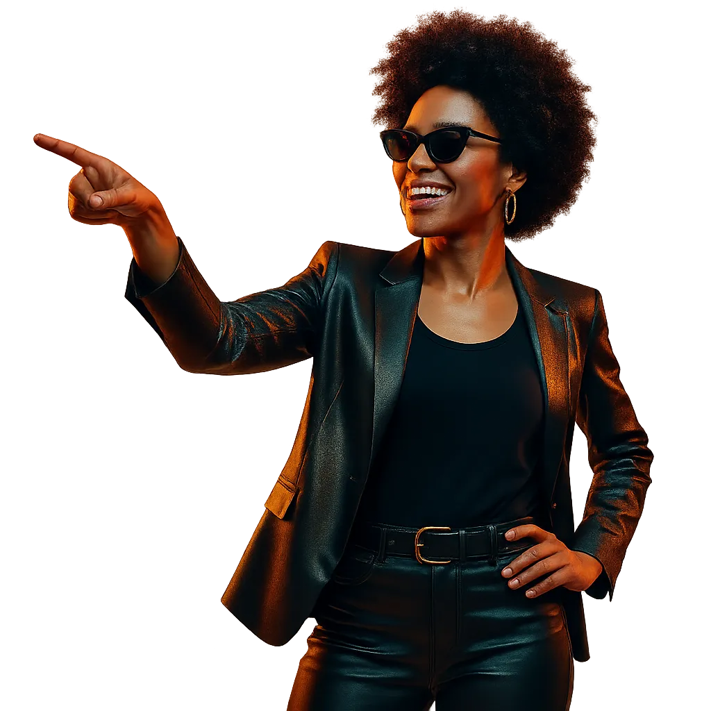High-energy portrait cutout of Karie, confident action-taker and entrepreneur