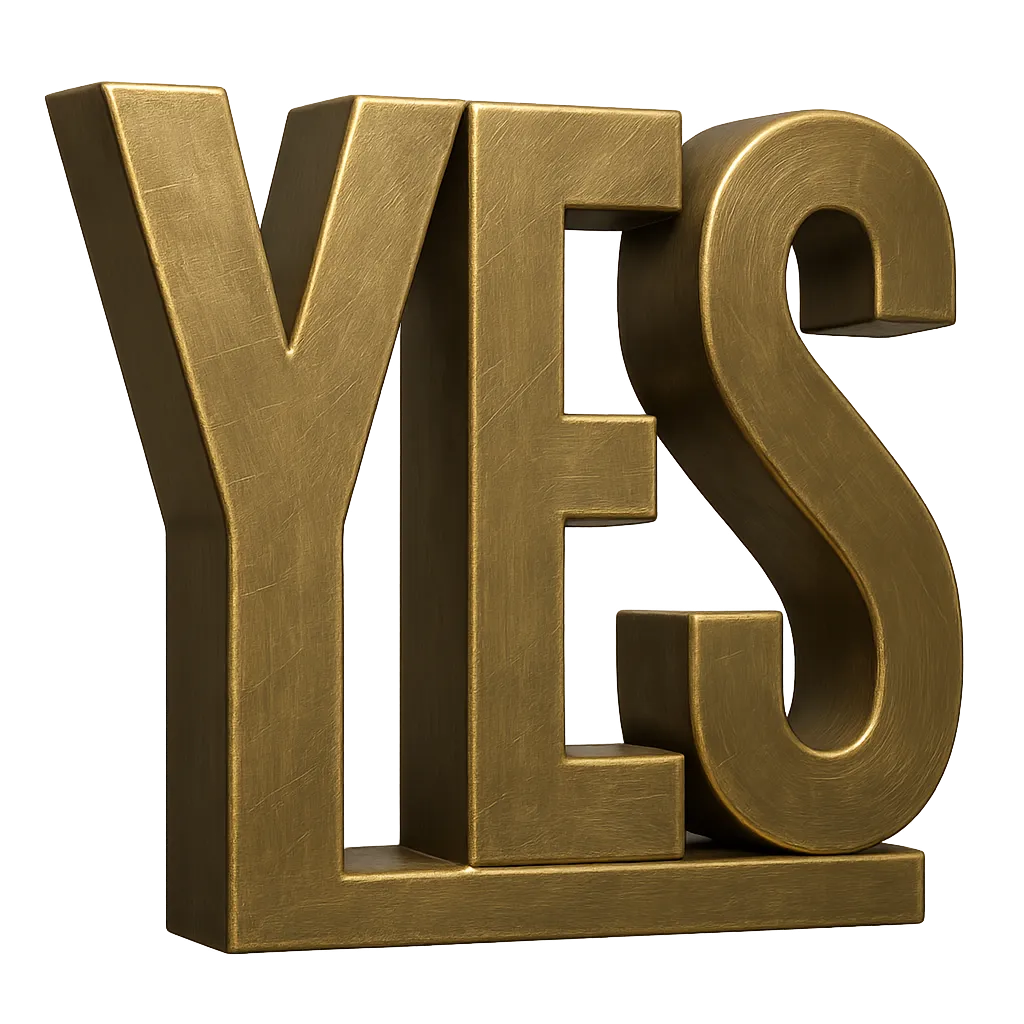 Bold oversized YES typographic graphic mark in muted gold metallic shine