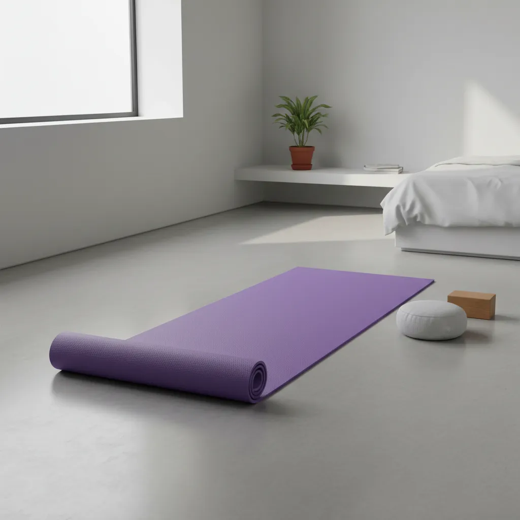 Tapis de yoga antidérapant violet déroulé dans une pièce minimaliste, lumière douce, accessoire essentiel pour séances de stretching et méditation à la maison.