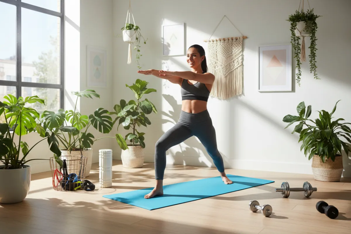 Jeune femme souriante effectuant des exercices de yoga sur un tapis bleu dans un salon lumineux, entourée de plantes vertes et d'accessoires de fitness modernes, ambiance énergique et inspirante.