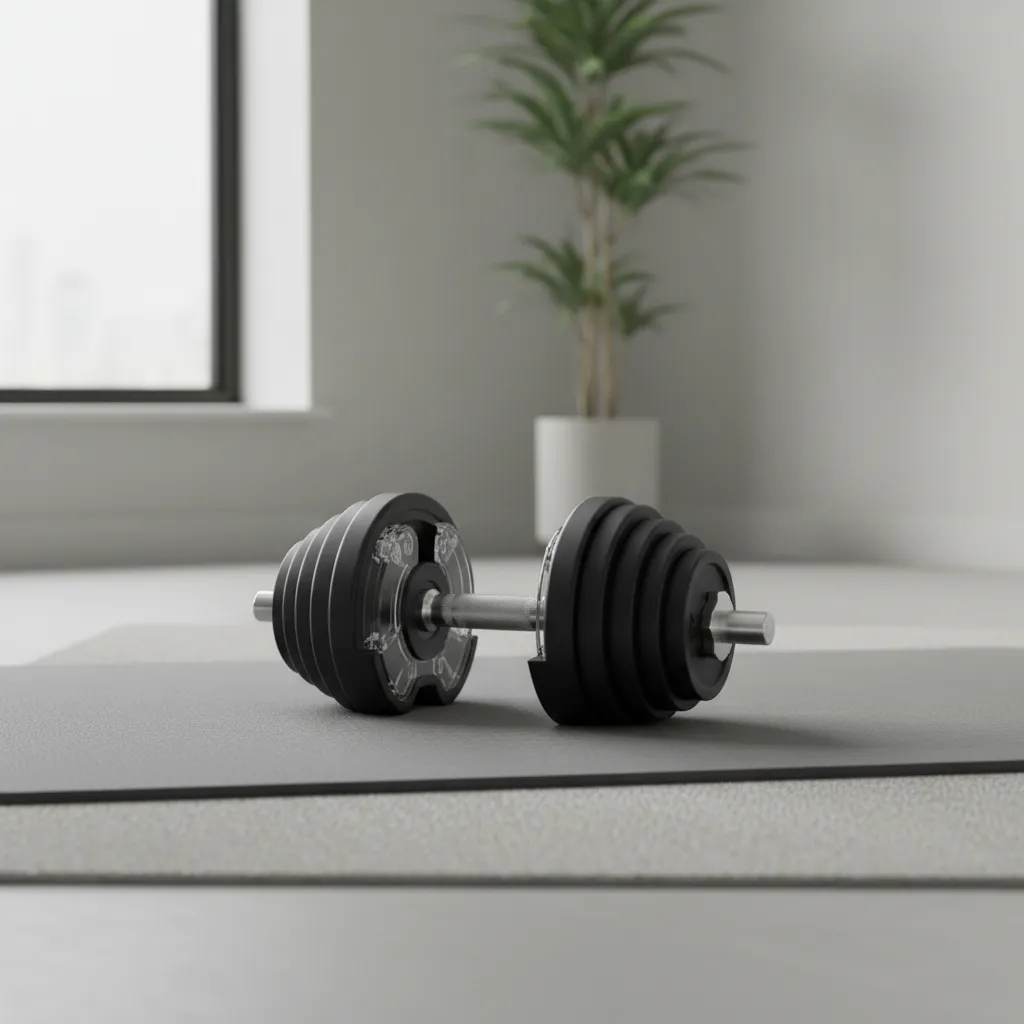 Paire d'haltères ajustables posée sur un tapis de sol gris, lumière naturelle, style épuré, idéale pour entraînement musculaire à domicile.