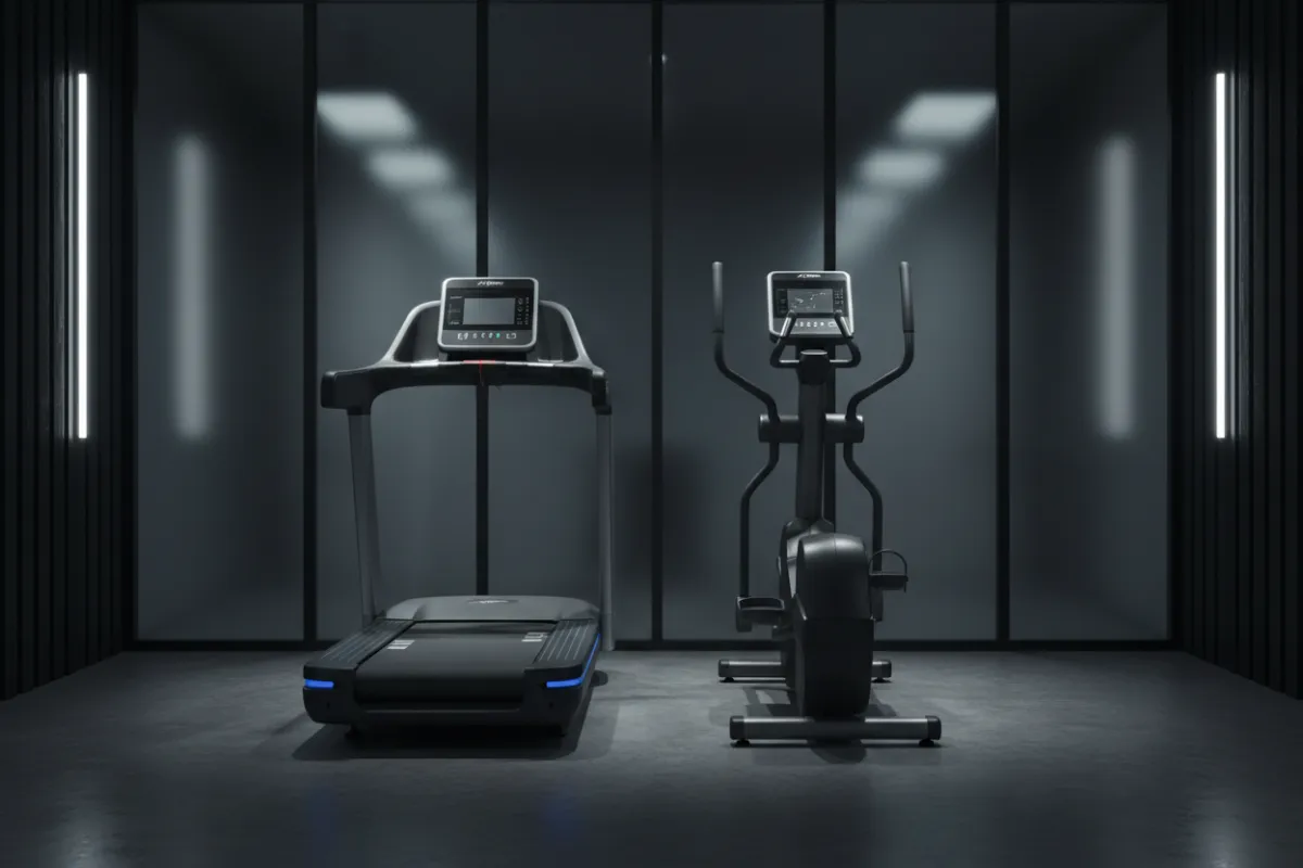 Photo haute qualité de tapis roulants et vélos elliptiques alignés, composition centrée, bien éclairée, style vitrine produit.