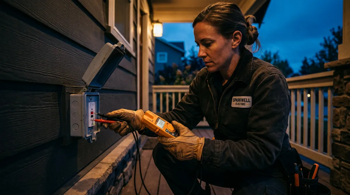 Electrician testing an outdoor GFCI outlet using high-precision voltage testing equipment