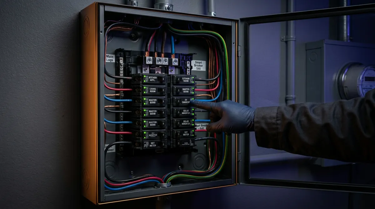 Modern residential electrical panel showing energy-efficient smart circuit breakers