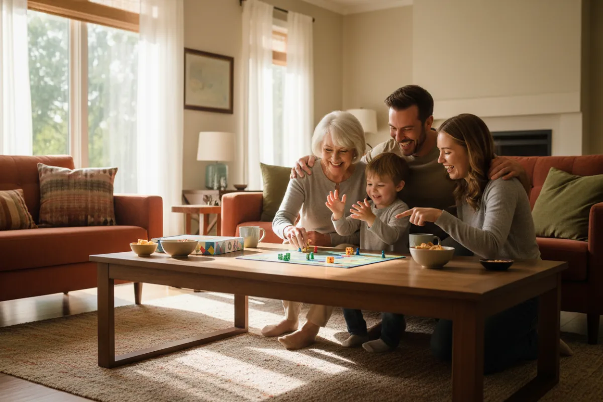 A joyful scene of a multigenerational family playing a board game together in a sunlit living room, with laughter, warm colors, and a sense of togetherness, highlighting genuine connection and happiness.