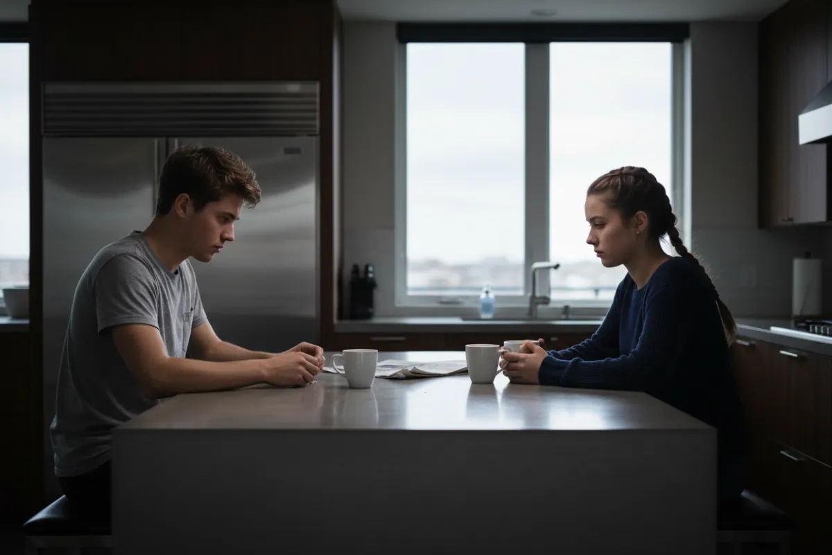 Two siblings in their twenties, one male and one female, sitting at a kitchen table with tense expressions, avoiding eye contact. The background shows a modern kitchen, and the mood is serious, highlighting communication challenges.