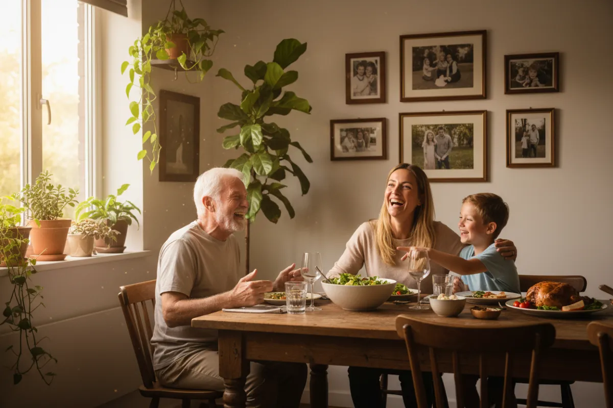 Three generations of a family—grandparent, parent, and child—gathered around a dining table, laughing together while sharing a meal. The setting is a sunlit dining room with plants and family photos, radiating warmth and togetherness.