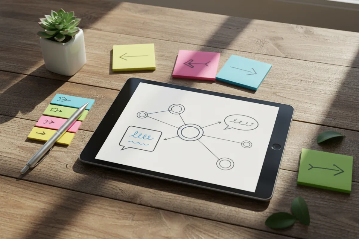 A flat lay of an open eBook on a wooden table, with colorful sticky notes and a pen, showing diagrams and conversation prompts, in a bright, inviting setting with natural light and a touch of greenery.