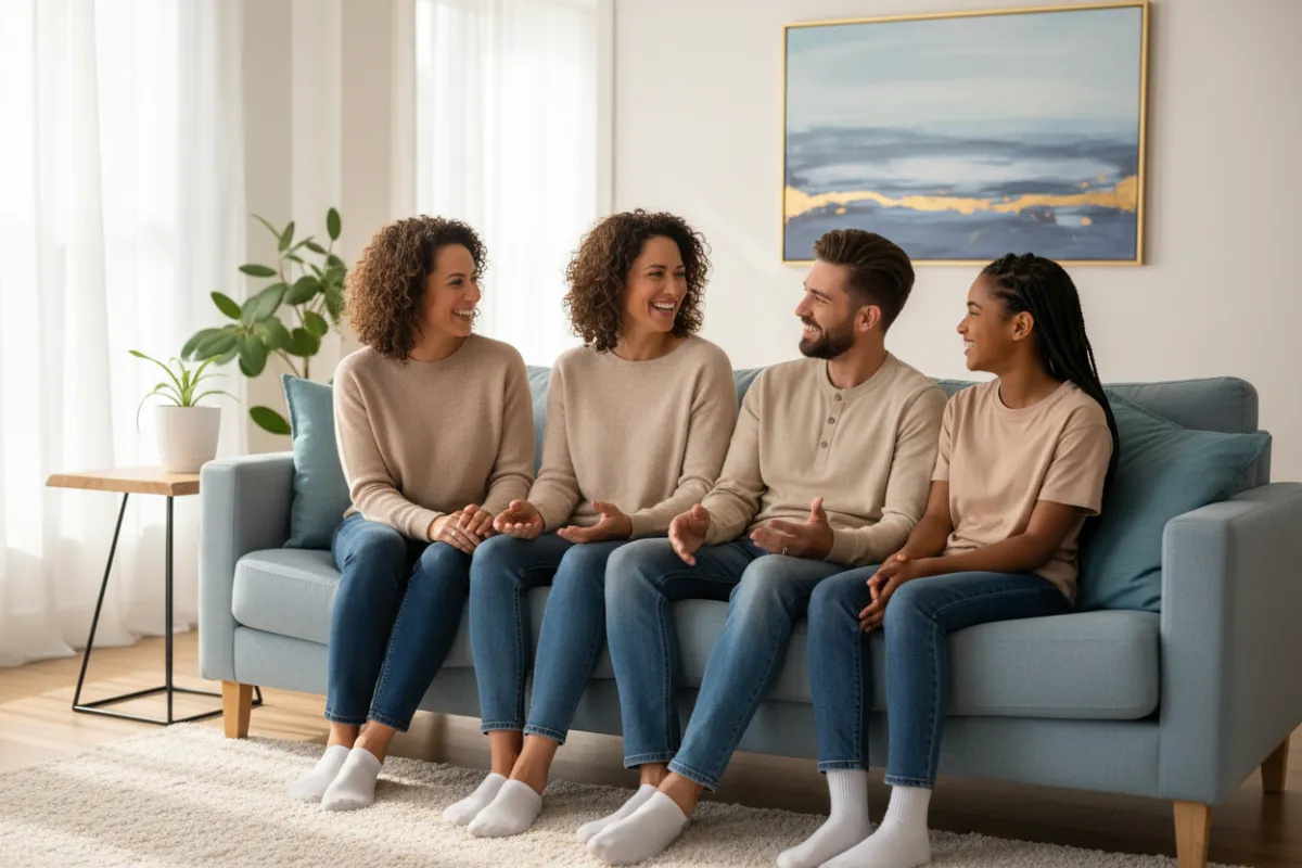 A diverse family of four, two adults and two teens, sitting together on a living room couch, engaged in a warm, attentive conversation. The room is bright, with soft blue and beige tones, and everyone is smiling, showing genuine connection.