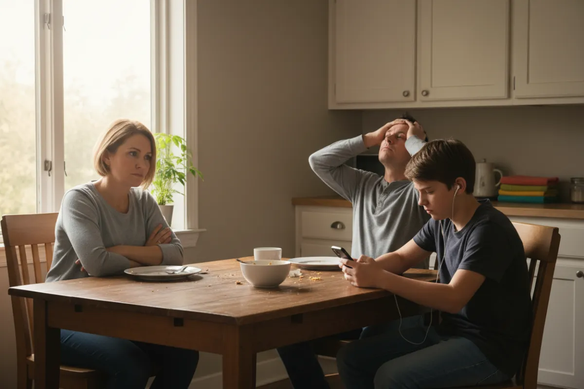 A candid photo of two parents and a teenage child at a kitchen table, each looking away in frustration, with subtle tension in their body language, natural daylight, and a neutral, homey background.