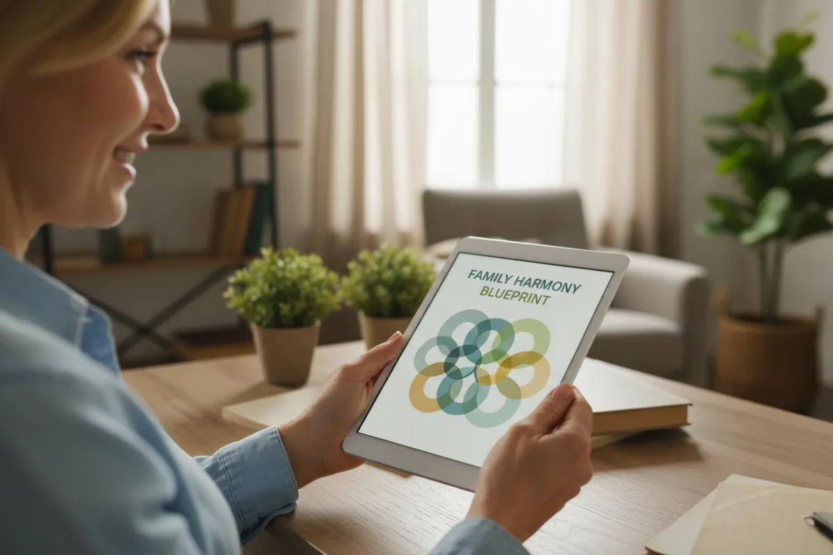 A close-up of a digital tablet displaying the Family Harmony Blueprint eBook cover, held by a middle-aged woman with a gentle smile. The background is a cozy home office with plants and soft lighting, evoking a sense of calm and focus.