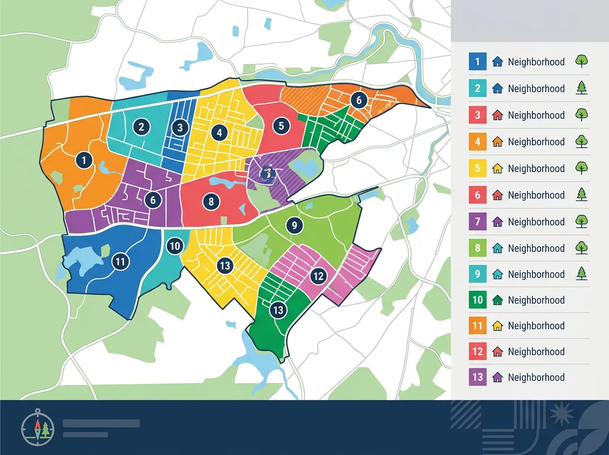 Colorful illustrated map of Newton, MA, divided into 13 numbered and uniquely colored neighborhoods. It includes a legend on the right side and a dark blue branded footer area with a logo.
