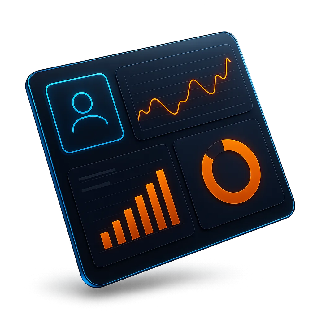 Floating AI dashboard mockup with deep navy and electric blue UI