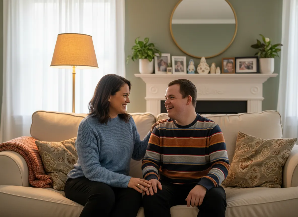 Caregiver smiling with a resident in a cozy living room