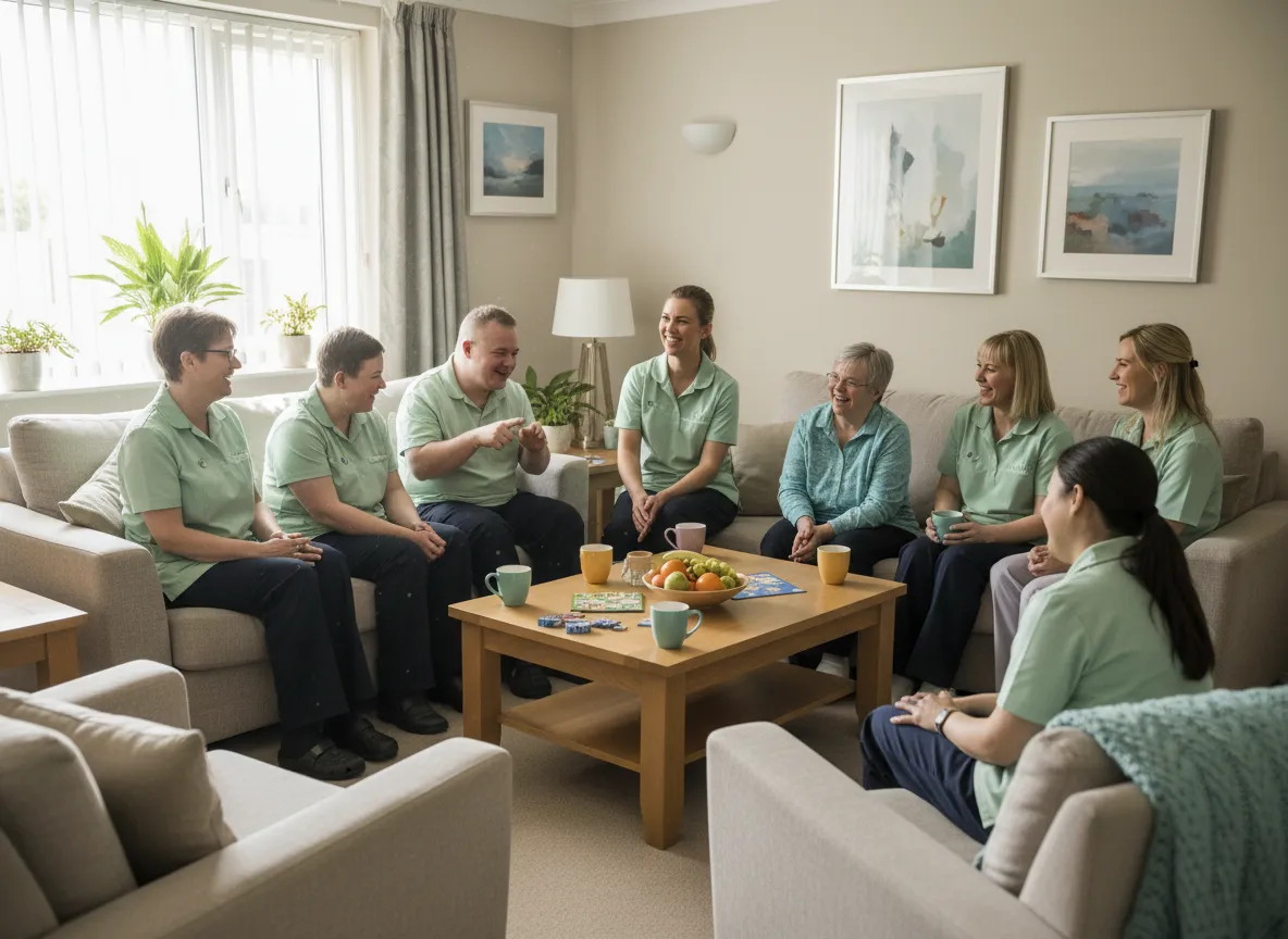 Residents and staff sharing a warm moment together in a Heart Filled Homes living room