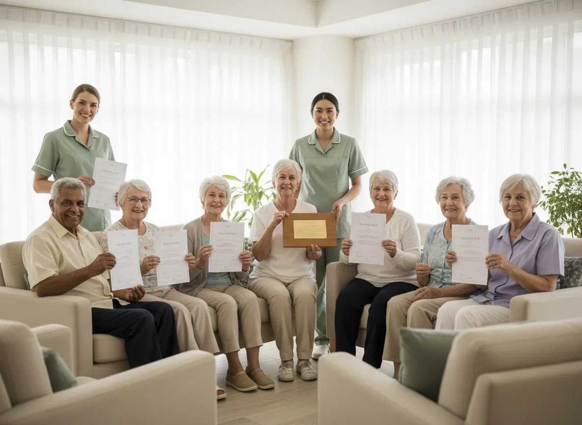 Smiling residents and staff celebrating together with certificates and awards.