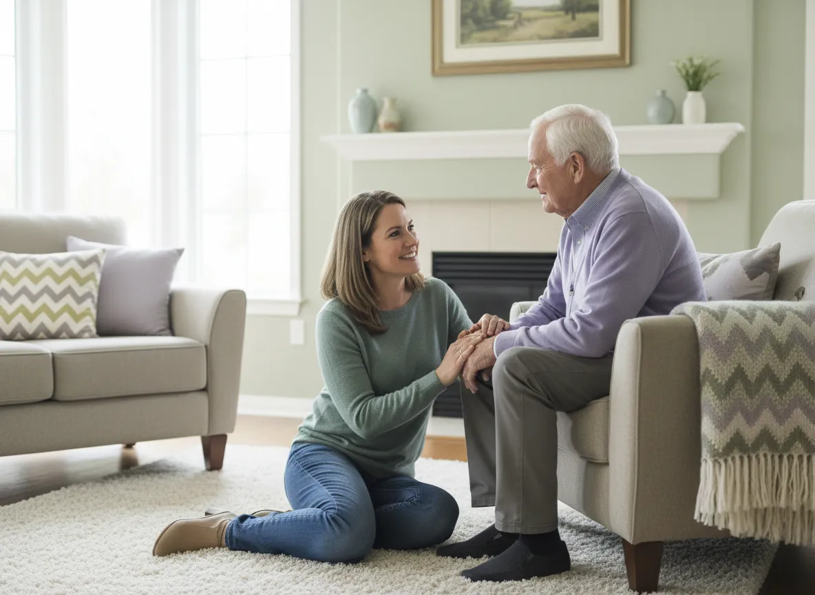 Supportive staff member talking calmly with an individual in a comfortable home setting