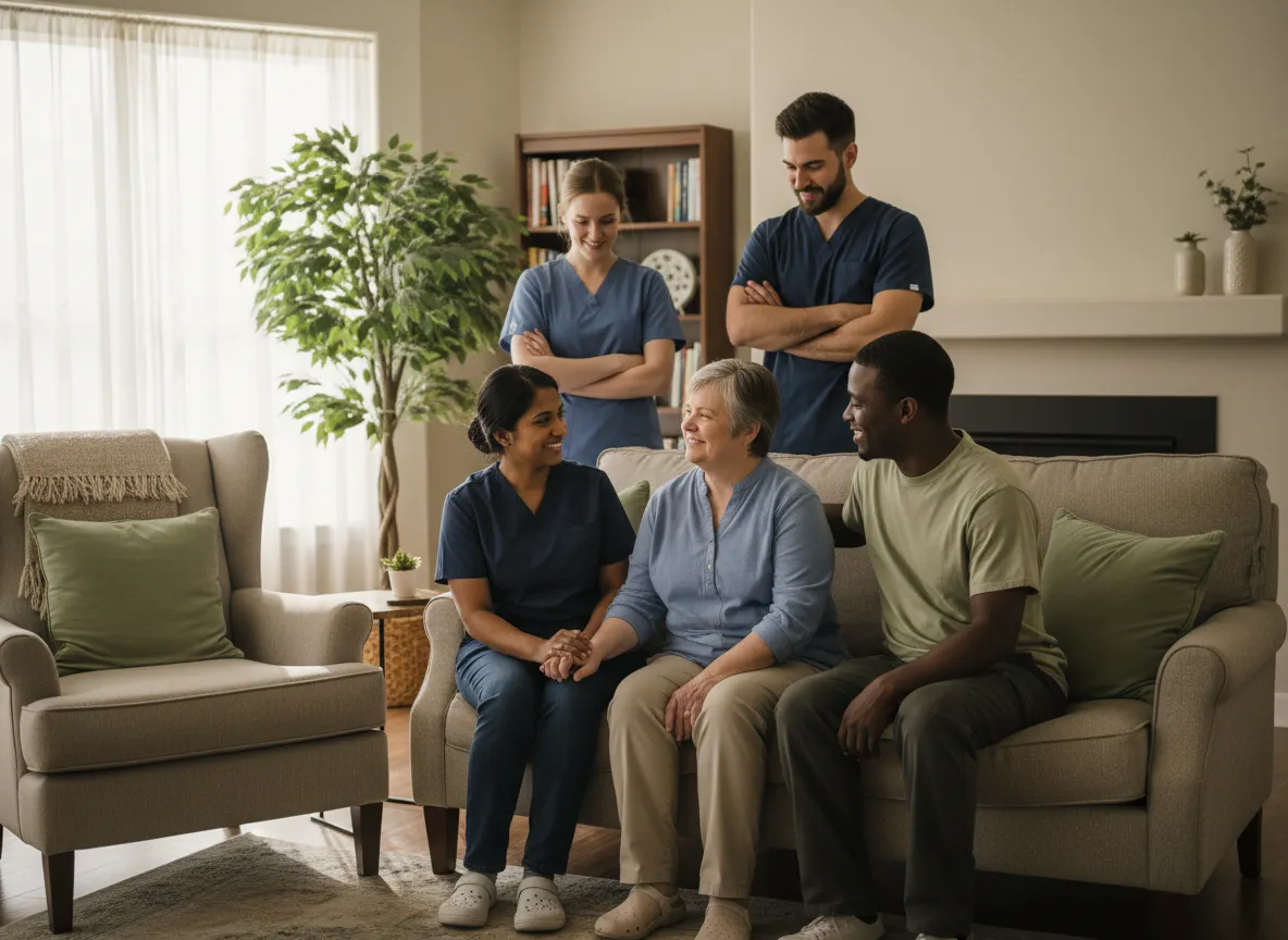 Caregiver smiling and interacting with residents in a home setting