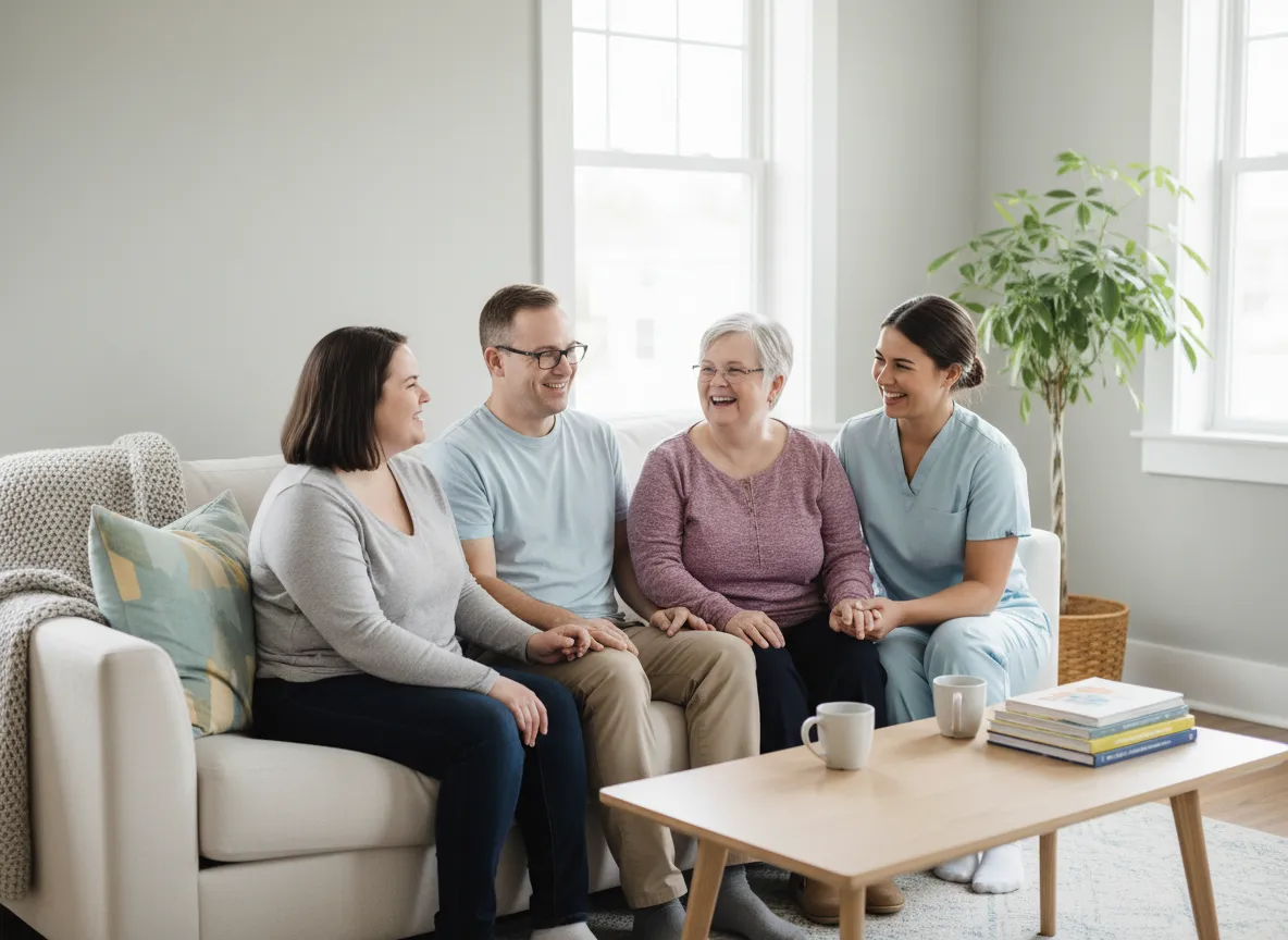 Care staff and residents smiling together in a warm living room