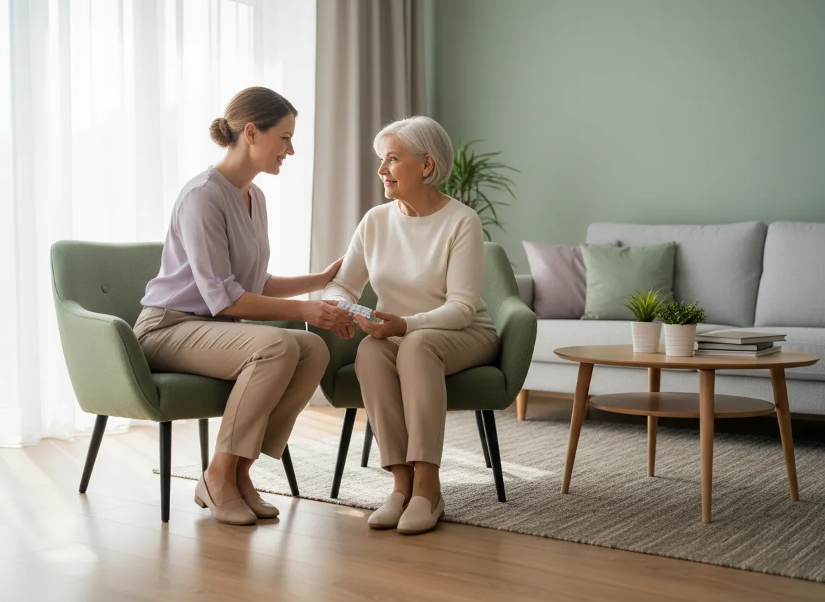 Caregiver providing in-home support in a warm, comfortable living room
