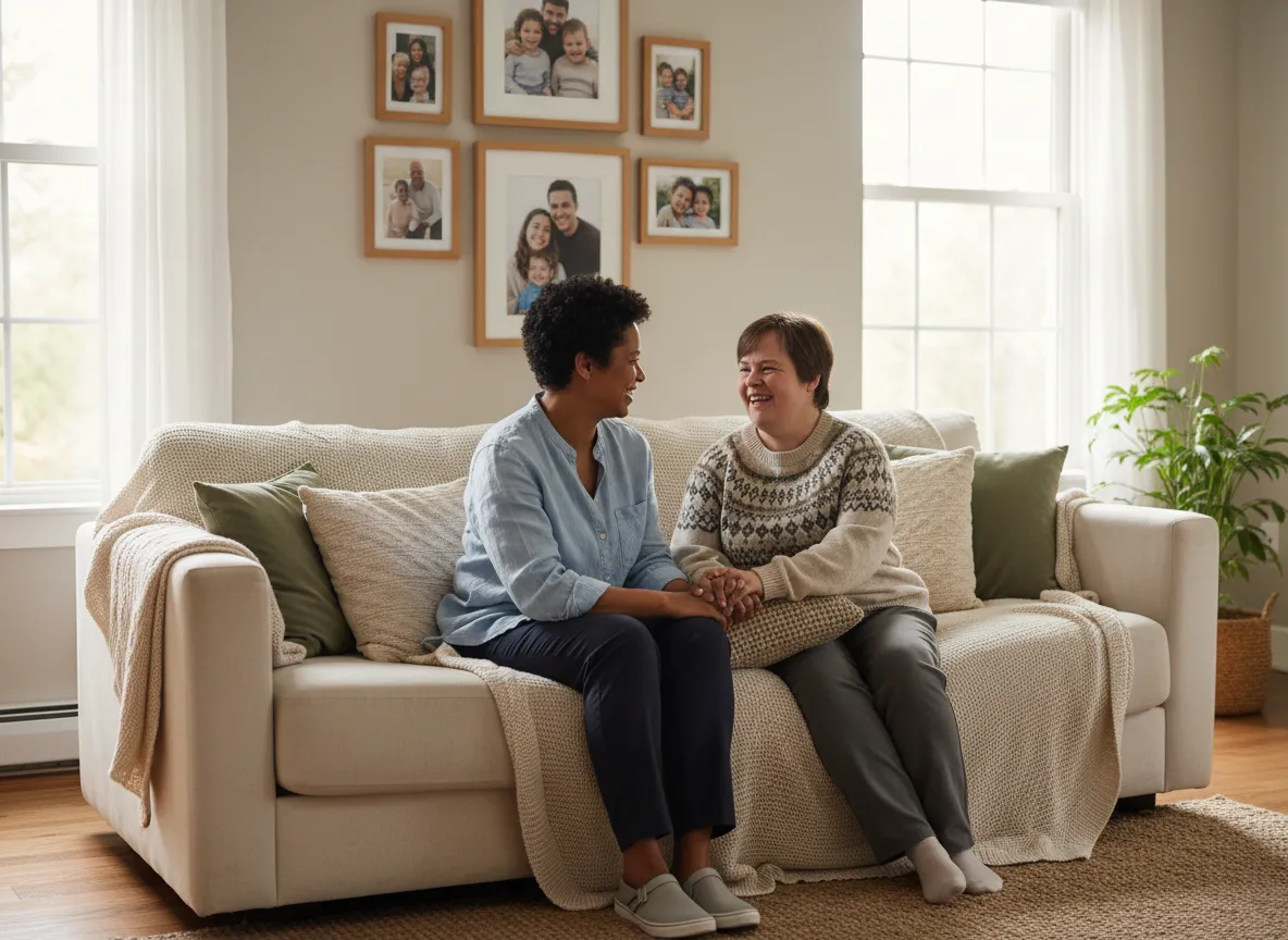Warm, home-like living room with support staff and resident smiling together