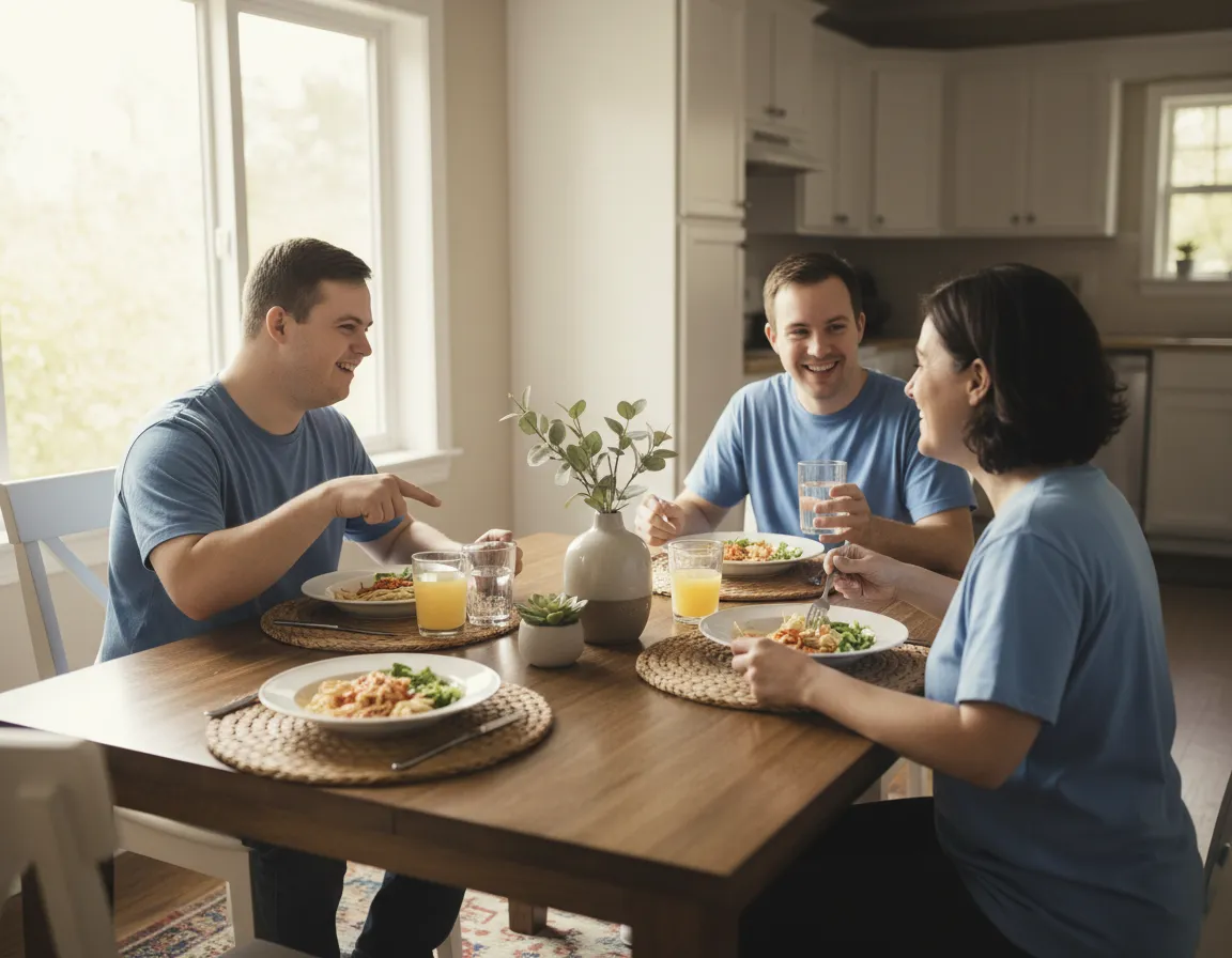Residents enjoying a meal together at a dining table