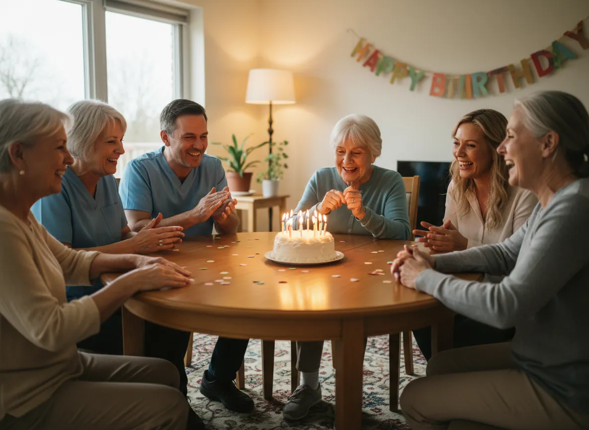 Residents and staff celebrating a birthday in a warm living room
