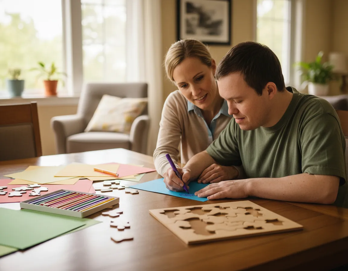 Caregiver supporting a resident with a craft activity