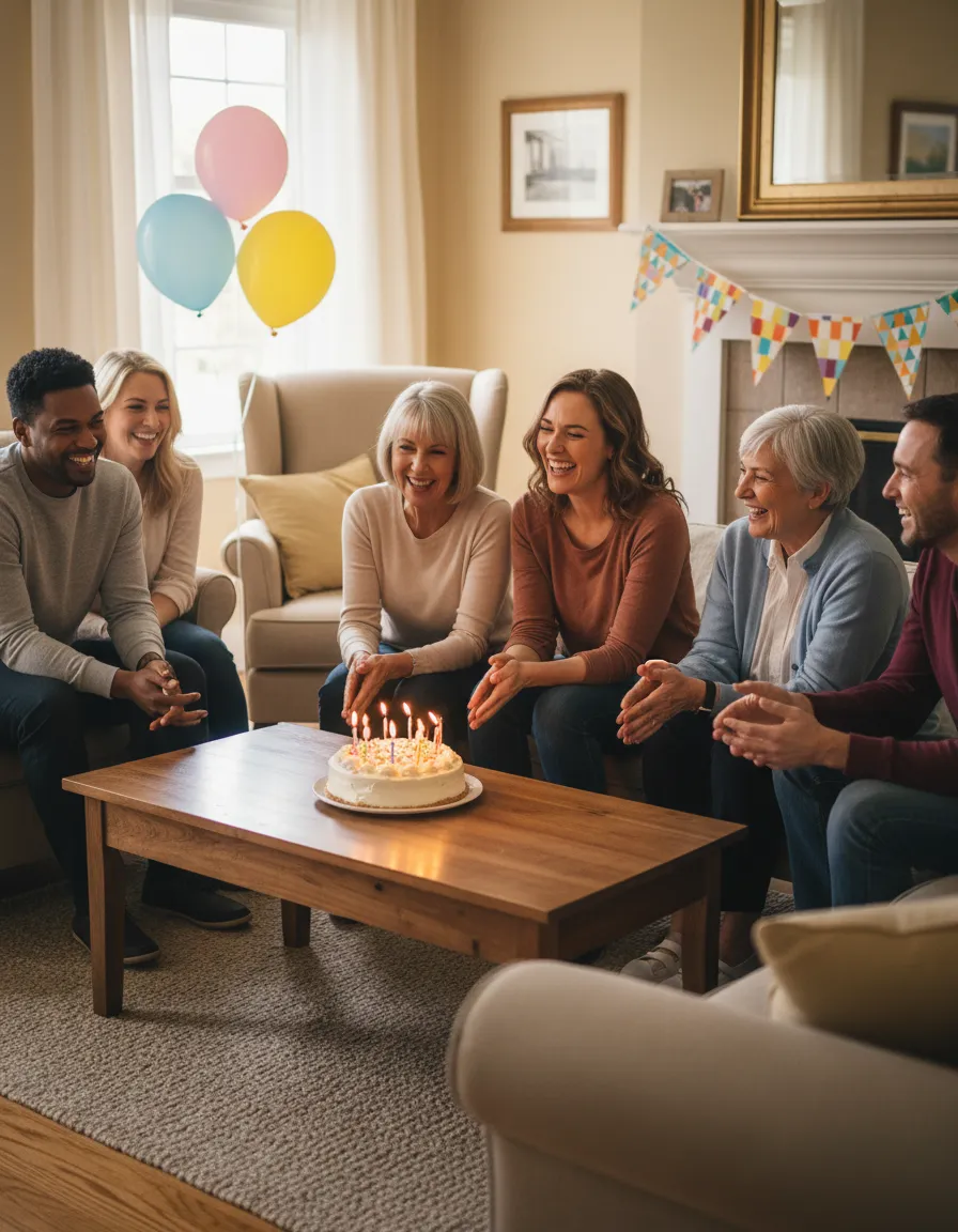 Residents and staff celebrating a birthday with decorations
