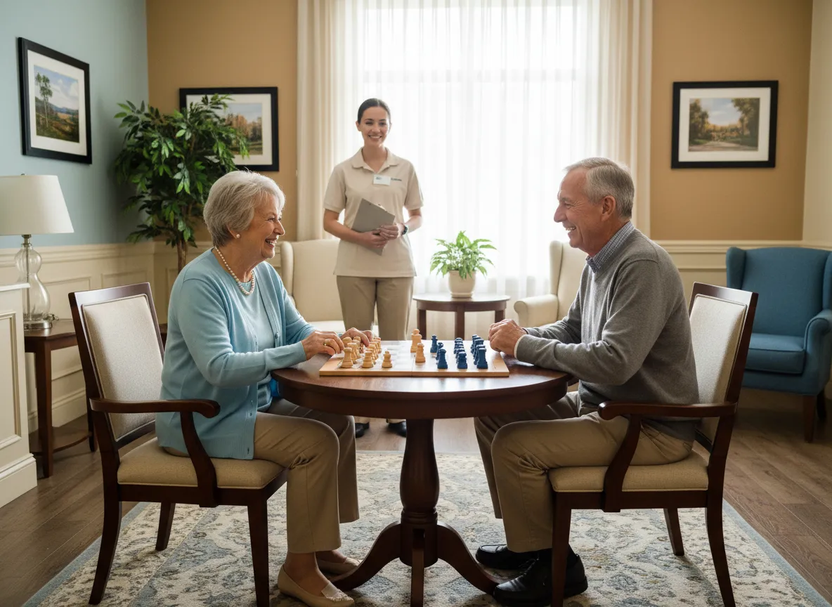 Two residents talking and laughing while playing a board game
