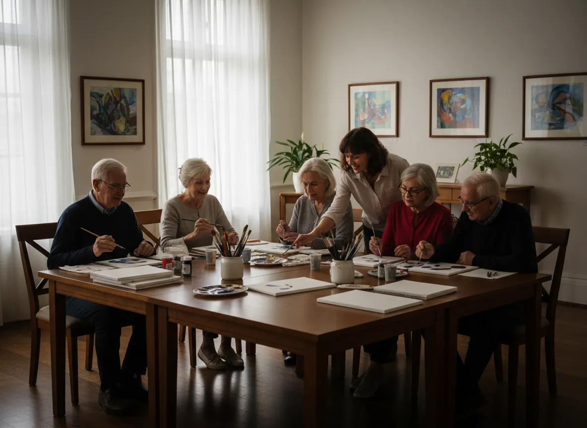 Residents participating in a guided art activity